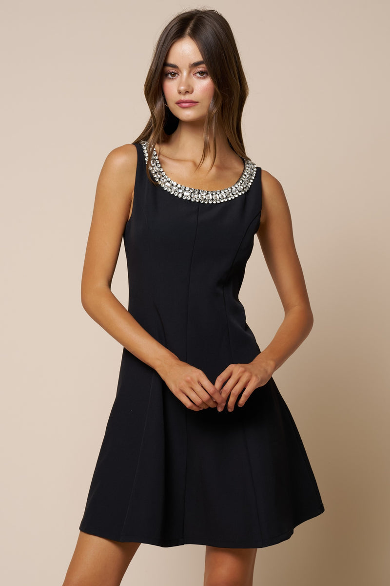 Black Jeweled Neckline Fit & Flare Mini Dress