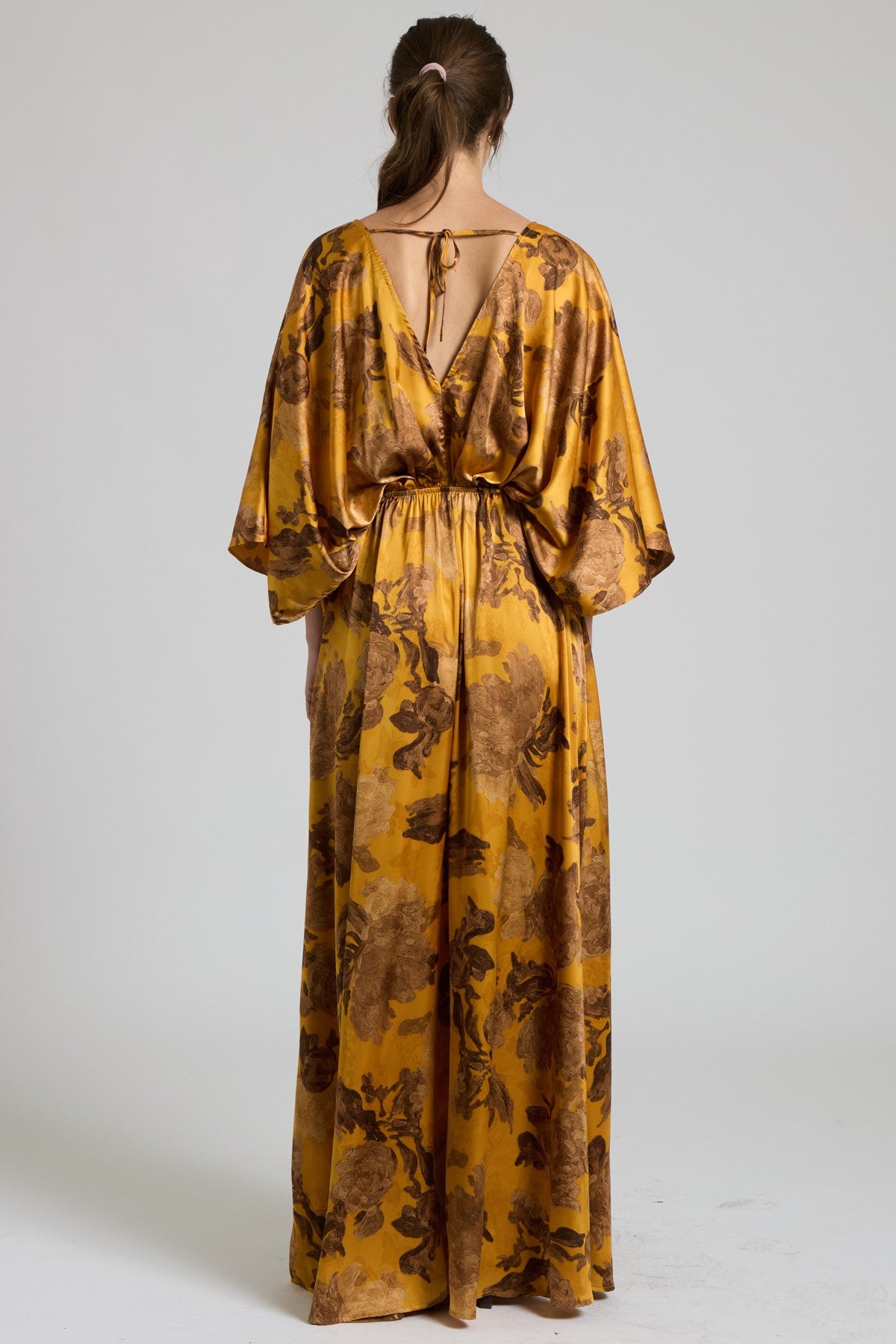 Satin Mustard And Brown Floral Multi Colored Silk V-Neck Kimono Maxi Dress With Stretch Waist And Tie Back | Sissy Boutique