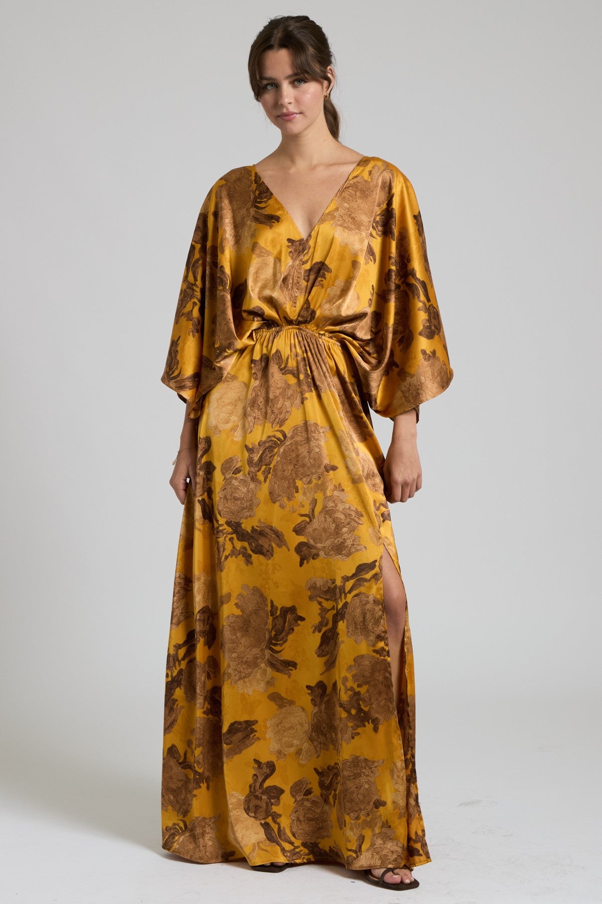 Satin Mustard And Brown Floral Multi Colored Silk V-Neck Kimono Maxi Dress With Stretch Waist And Tie Back | Sissy Boutique