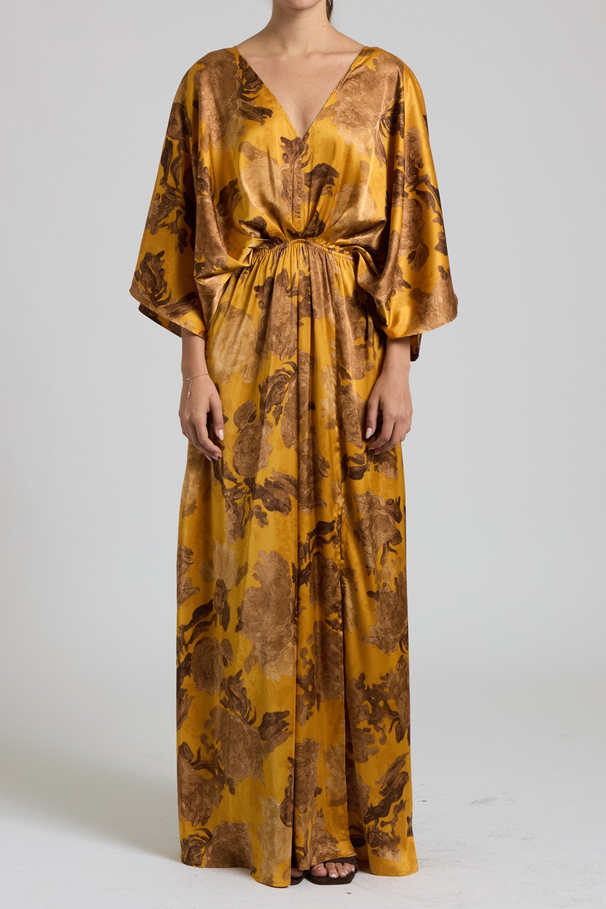 Satin Mustard And Brown Floral Multi Colored Silk V-Neck Kimono Maxi Dress With Stretch Waist And Tie Back | Sissy Boutique