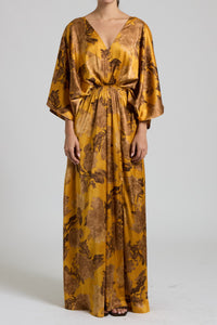 Satin Mustard And Brown Floral Multi Colored Silk V-Neck Kimono Maxi Dress With Stretch Waist And Tie Back | Sissy Boutique