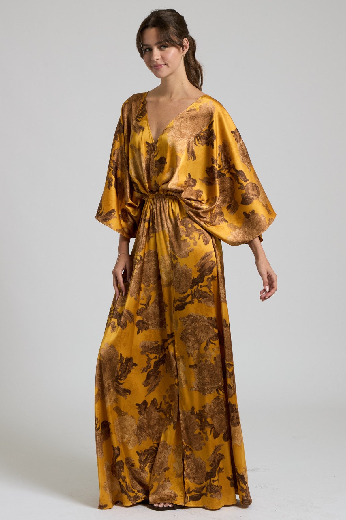 Satin Mustard And Brown Floral Multi Colored Silk V-Neck Kimono Maxi Dress With Stretch Waist And Tie Back | Sissy Boutique
