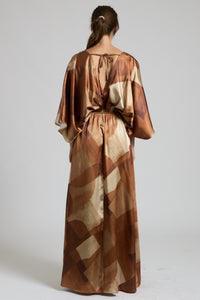 Camel Multi Colored Silk Abstract Maxi Dress With Stretch Waist And Tie Back | Sissy Boutique