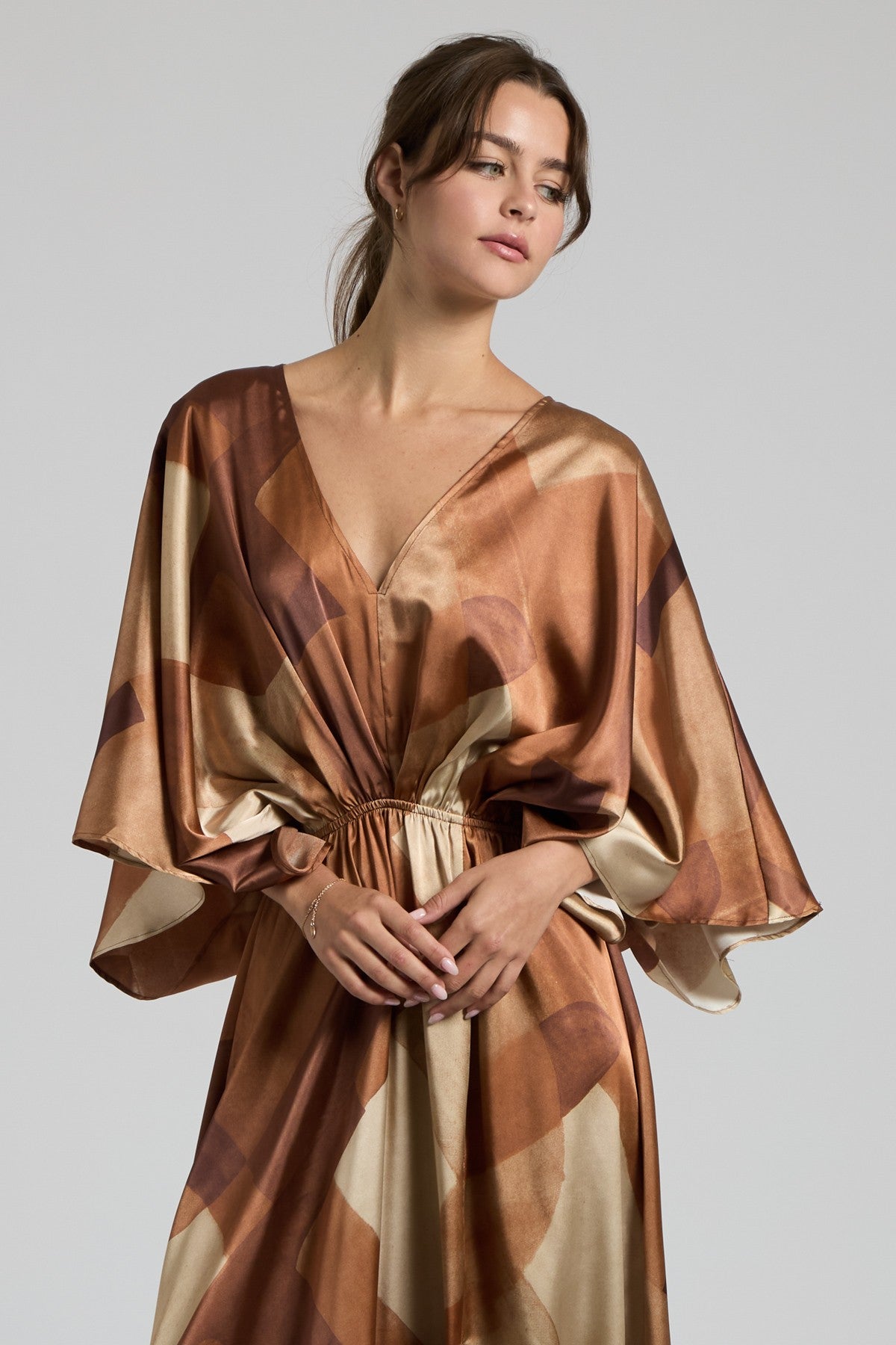 Camel Multi Colored Silk Abstract Maxi Dress With Stretch Waist And Tie Back | Sissy Boutique