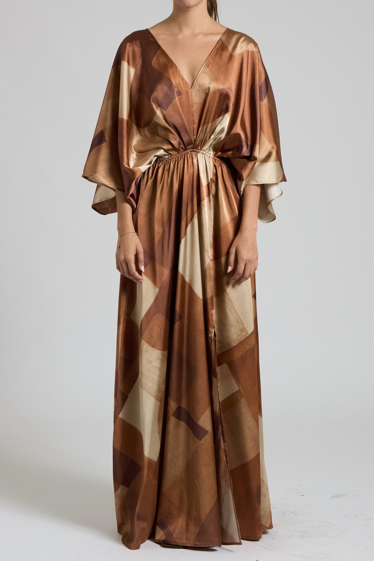 Camel Multi Colored Silk Abstract Maxi Dress With Stretch Waist And Tie Back | Sissy Boutique