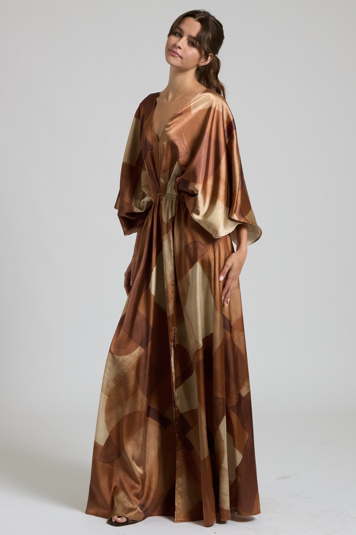 Camel Multi Colored Silk Abstract Maxi Dress With Stretch Waist And Tie Back | Sissy Boutique