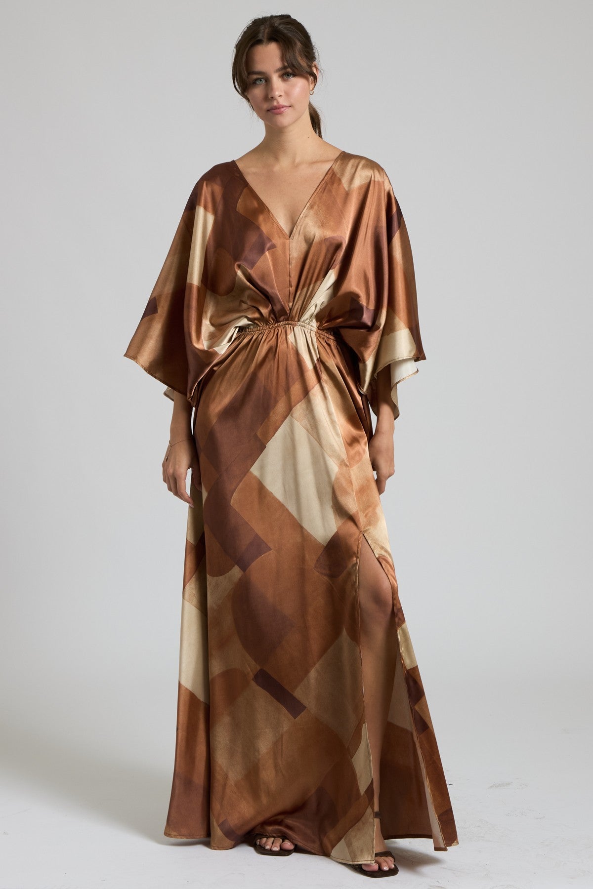 Camel Multi Colored Silk Abstract Maxi Dress With Stretch Waist And Tie Back | Sissy Boutique