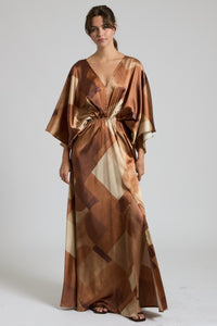 Camel Multi Colored Silk Abstract Maxi Dress With Stretch Waist And Tie Back | Sissy Boutique