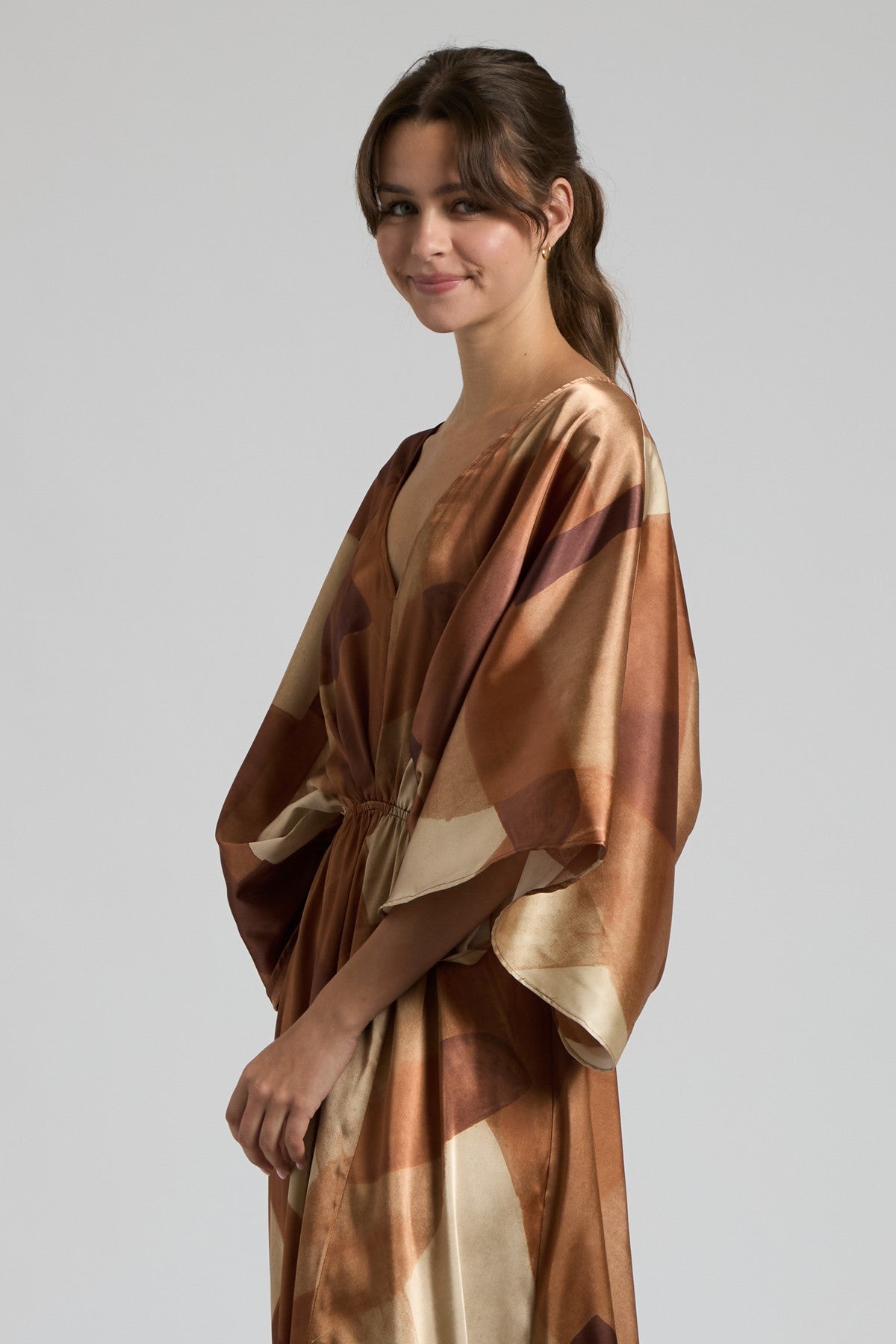 Camel Multi Colored Silk Abstract Maxi Dress With Stretch Waist And Tie Back | Sissy Boutique