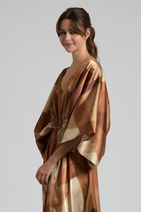 Camel Multi Colored Silk Abstract Maxi Dress With Stretch Waist And Tie Back | Sissy Boutique