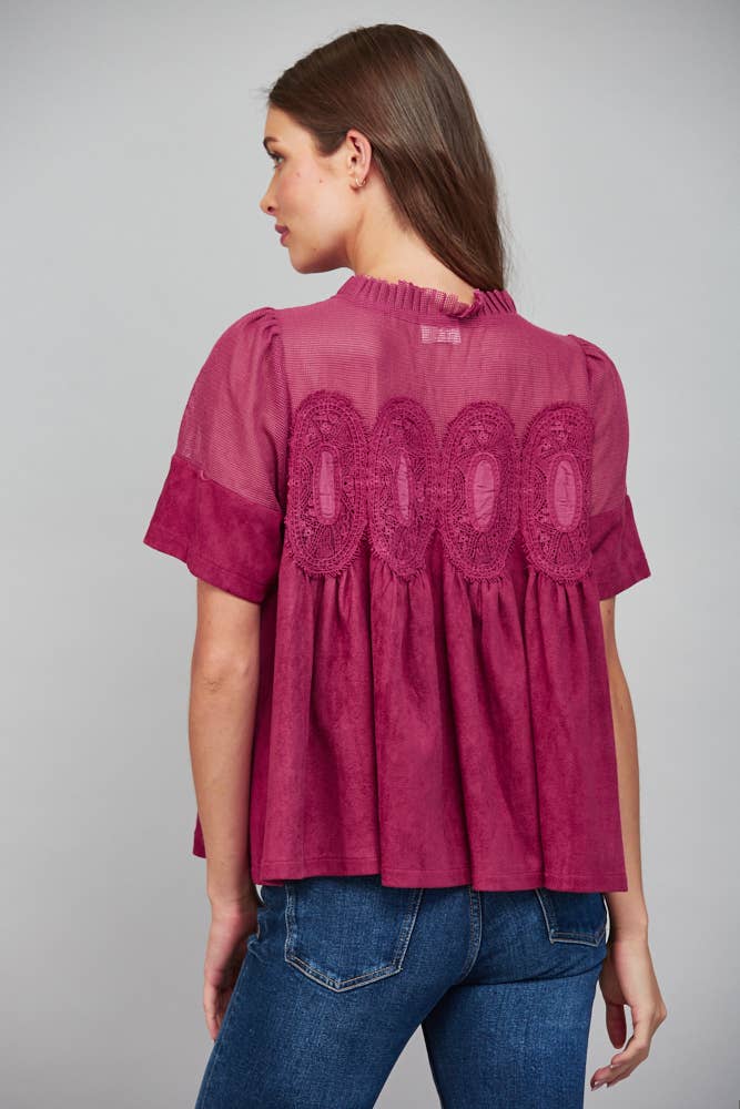 Mocha Brown Suede Top with Sheer Mesh Uppere Panel with Lace Applique | FATE