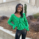 RUFFLE V-NECK EMERALD GREEN SWEATER-Sissy Boutique-Sissy Boutique