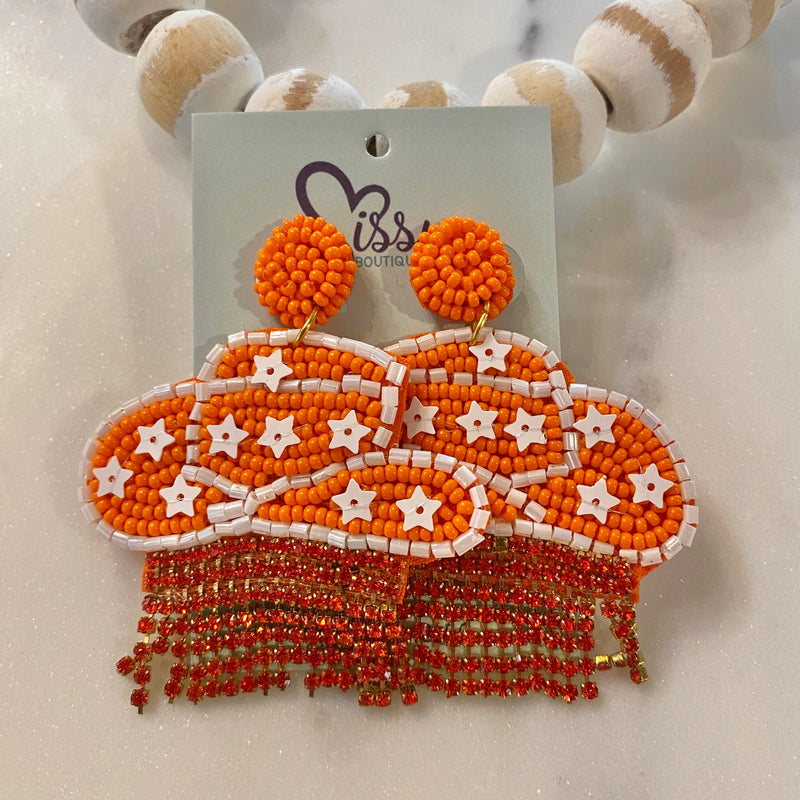 Orange & White Cowboy Hat Dangle Earrings With Gold Fringe Sissy Boutique