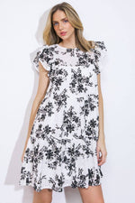 BLACK AND WHITE FLORAL PRINTED WOVEN EYELET MINI DRESS-FLYING TOMATO-Sissy Boutique