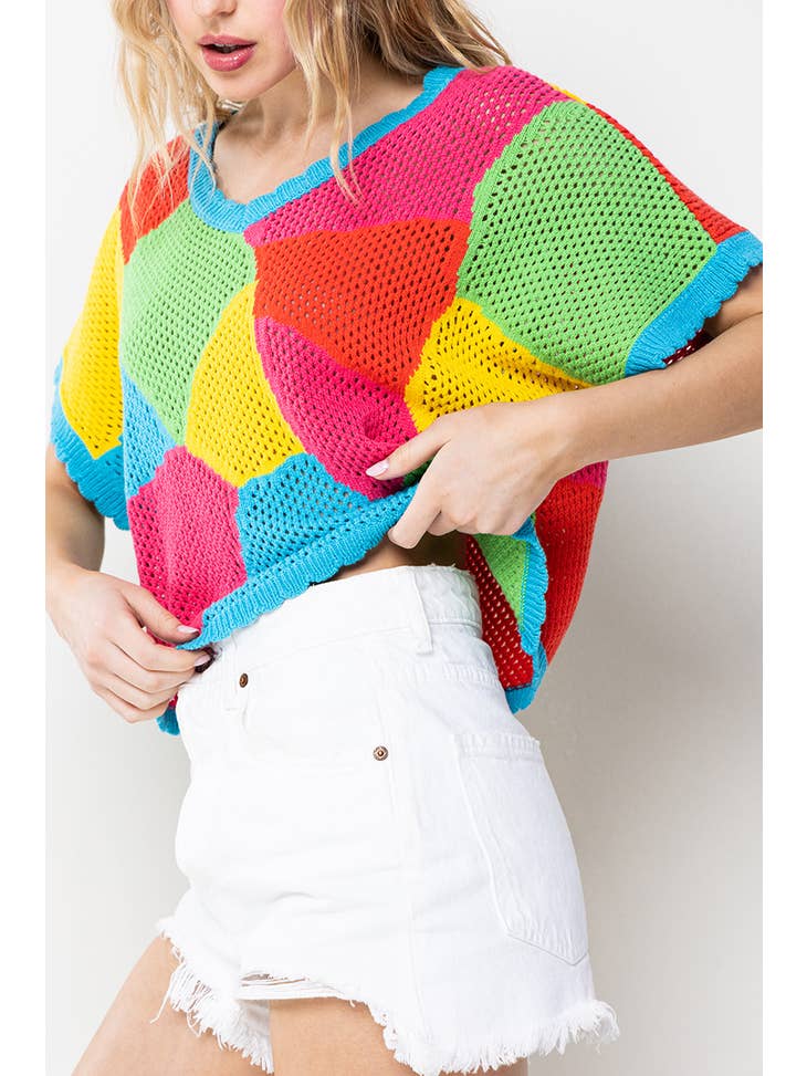V-Neck Multi-Colored Crochet Short Sleeve Top Ces Femme