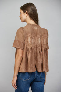 Mocha Brown Suede Top with Sheer Mesh Uppere Panel with Lace Applique | FATE