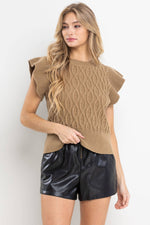 RUFFLE SLEEVE CABLE SWEATER TOP / MOCHA-Ces Femme-Sissy Boutique