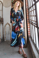 Black and Multicolored Maxi Kimono Wrap Dress Fantastic Fawn