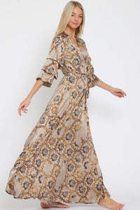 3/4 Sleeve Taupe Damask Satin Wrap Maxi Dress | Aakaa
