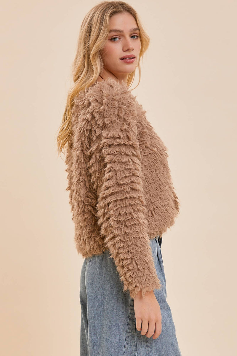 V-Neck Taupe Fuzzy Knit Cardigan Mustard Seed