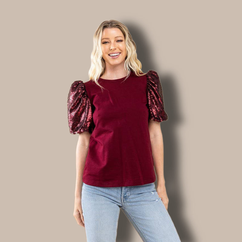 BURGUNDY SEQUIN PUFF SLEEVES TOP - GAMEDAY ALABAMA-Sissy Boutique-Sissy Boutique