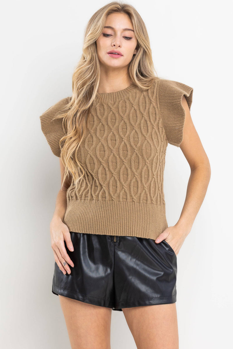 Ruffle Sleeve Cable Sweater Top / MOCHA Ces Femme