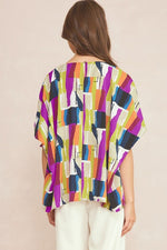 Abstract Boat Neck Oversized Blouse with Smocked Sleeve Sissy Boutique