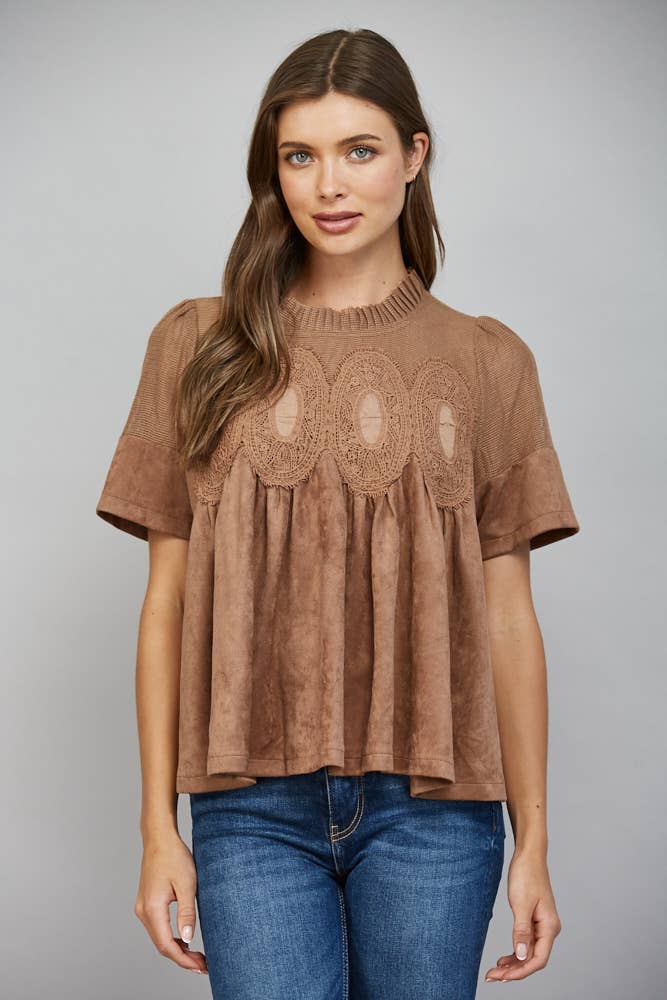 Mocha Brown Suede Top with Sheer Mesh Uppere Panel with Lace Applique | FATE