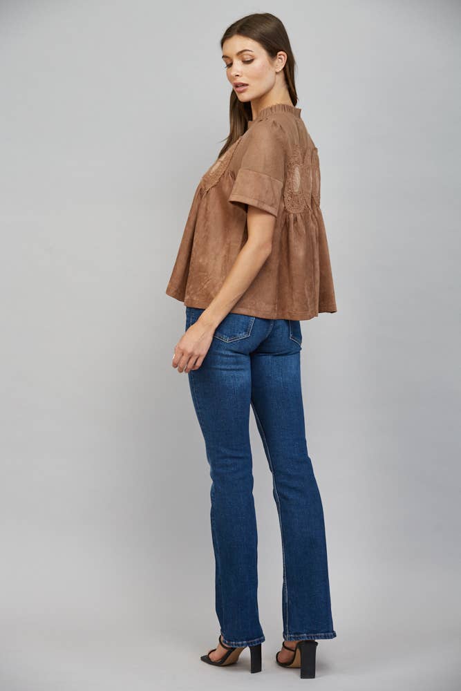 Mocha Brown Suede Top with Sheer Mesh Uppere Panel with Lace Applique | FATE