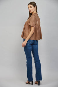 Mocha Brown Suede Top with Sheer Mesh Uppere Panel with Lace Applique | FATE