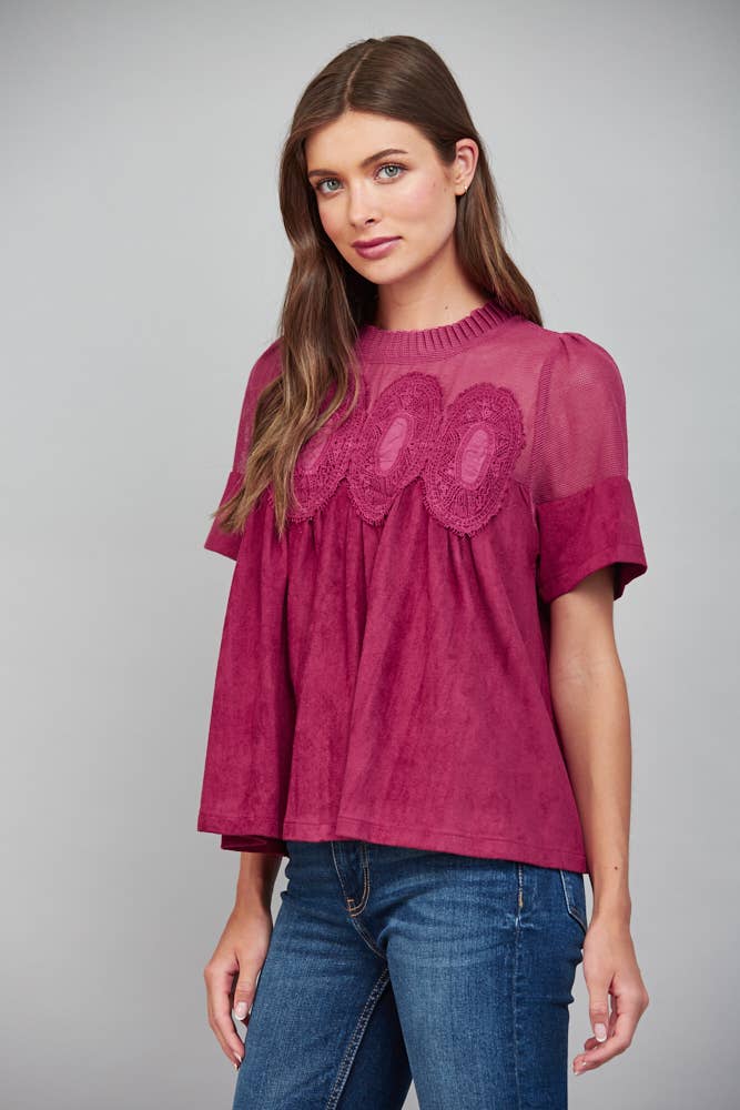 Mocha Brown Suede Top with Sheer Mesh Uppere Panel with Lace Applique | FATE