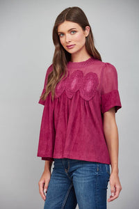 Mocha Brown Suede Top with Sheer Mesh Uppere Panel with Lace Applique | FATE
