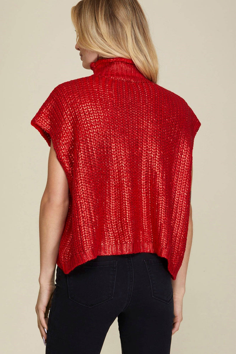 Red Metallic Foil Short Sleeve Sweater Top BNS