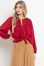 Burgundy Shirring Detailed Button Down Blouse Sissy Boutique
