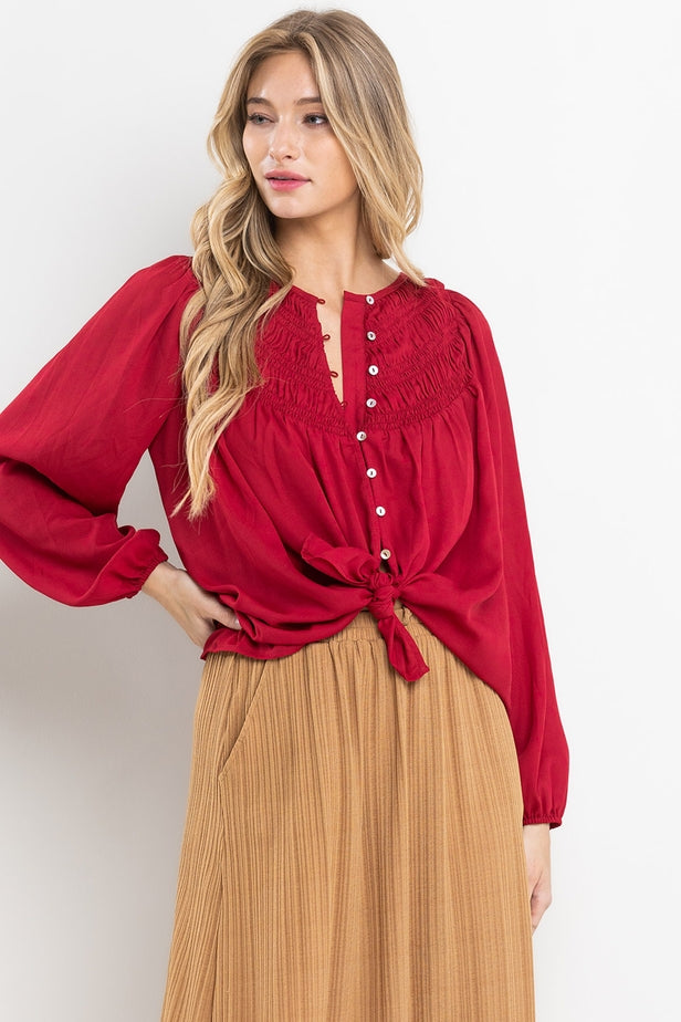 BURGUNDY SHIRRING DETAILED BUTTON DOWN BLOUSE-Sissy Boutique-Sissy Boutique