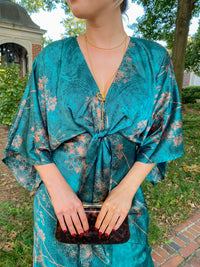 Teal Floral Kimono Sleeve Tie Back Maxi Dress l | Aakaa