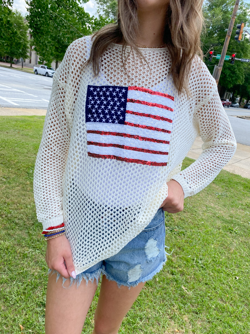 OFF-WHITE SEQUIN AMERICAN FLAG MESH LONG SLEEVE SWEATER