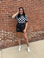 CREW NECK PUFF SLEEVE BLACK AND WHITE CHECKERED SHORT SLEEVE SWEATER-Sissy Boutique-Sissy Boutique