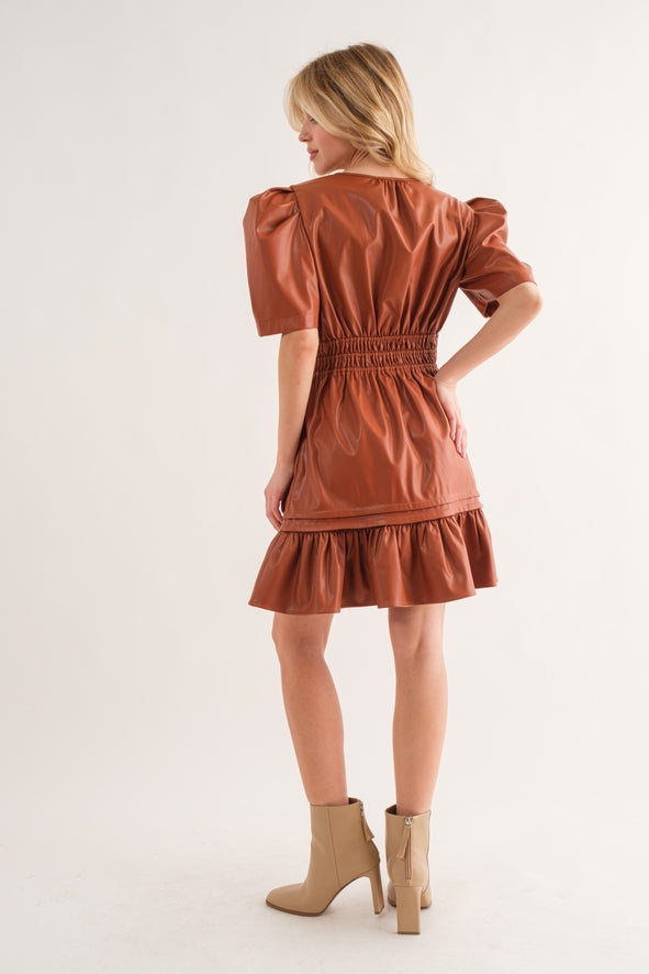 Camel Brown Faux Leather Puff Short Sleeve Smocking Dress Sissy Boutique