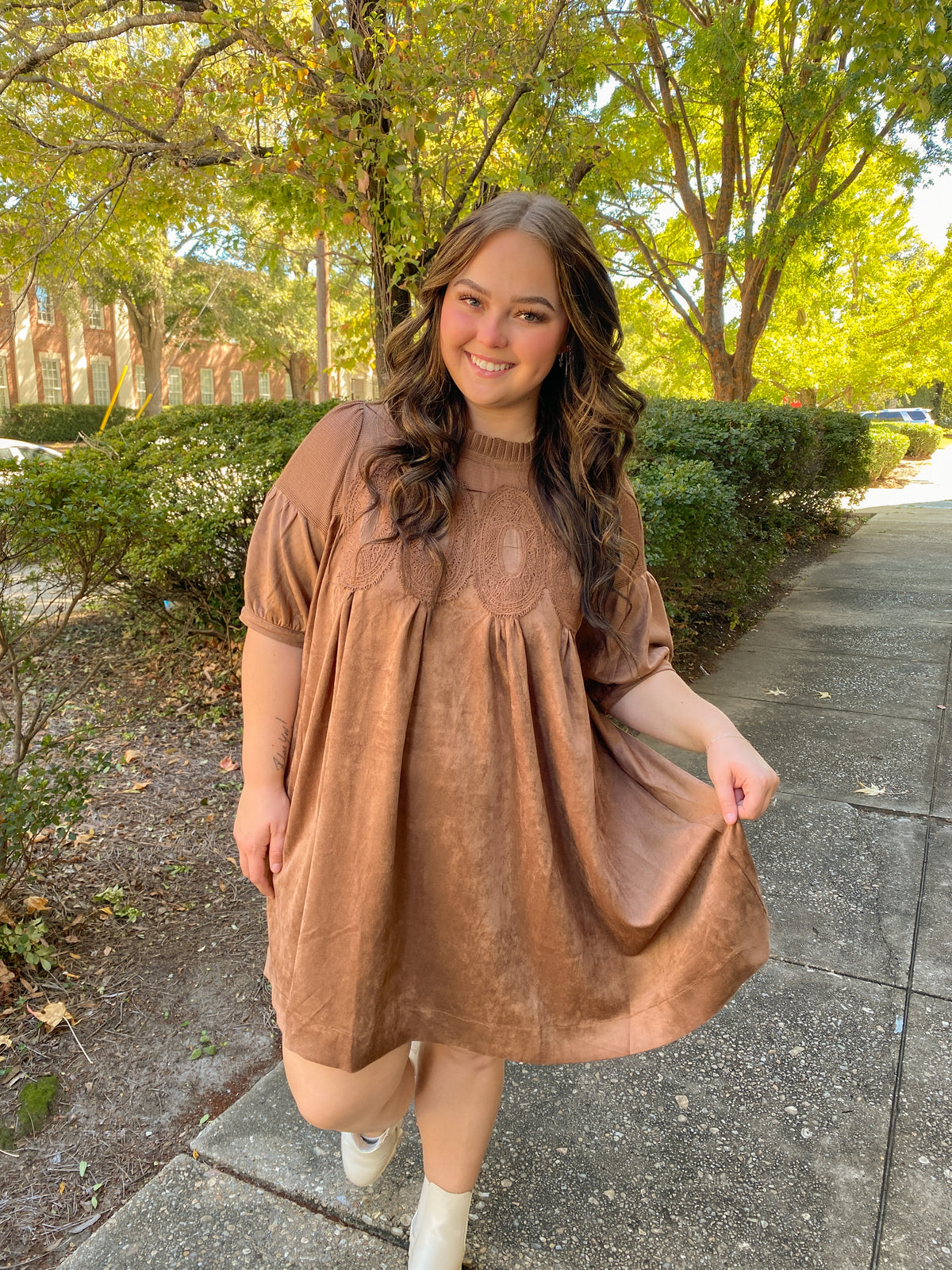 Brown Mocha Brown Suede Baby Doll Dress with Sheer Mesh Uppere Panel with Lace Applique | FATE
