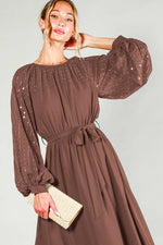 Mocha Party Midi Dress with Sequined Sleeve Detailing Vine & Love