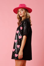 BLACK SEQUINED OVERSIZED SHIRT DRESS WITH PINK HEARTS-Fantastic Fawn-Sissy Boutique