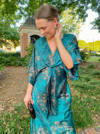 Teal Floral Kimono Sleeve Tie Back Maxi Dress l | Aakaa