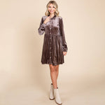 Brown Velvet Collar Button Down Pleated Shirt Dress ROLYPOLY