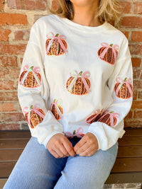 White Corded and Sequin Coquette Bow Pumpkin Pullover | K English Collection