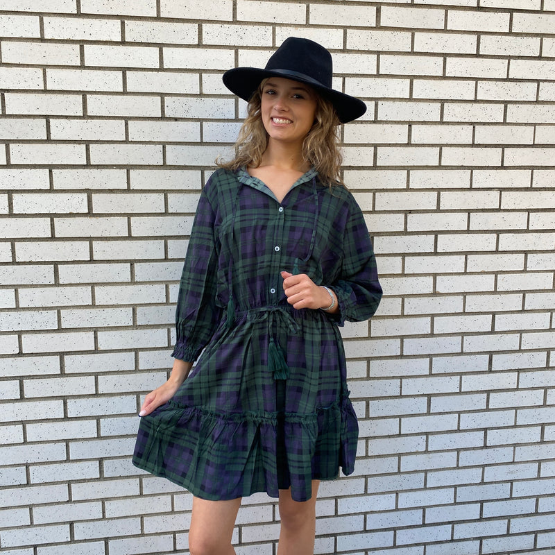 SIMPLY SOUTHERN PLAID GREEN AND BLACK DRESS WITH TIE-Sissy Boutique-Sissy Boutique