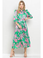 GREEN AND PINK PRINTED MIDI DRESS-TCEC-Sissy Boutique