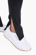 Black Faux Leather Foil Straight Leg Leggings With Side Leg Slit-Mono B-Sissy Boutique