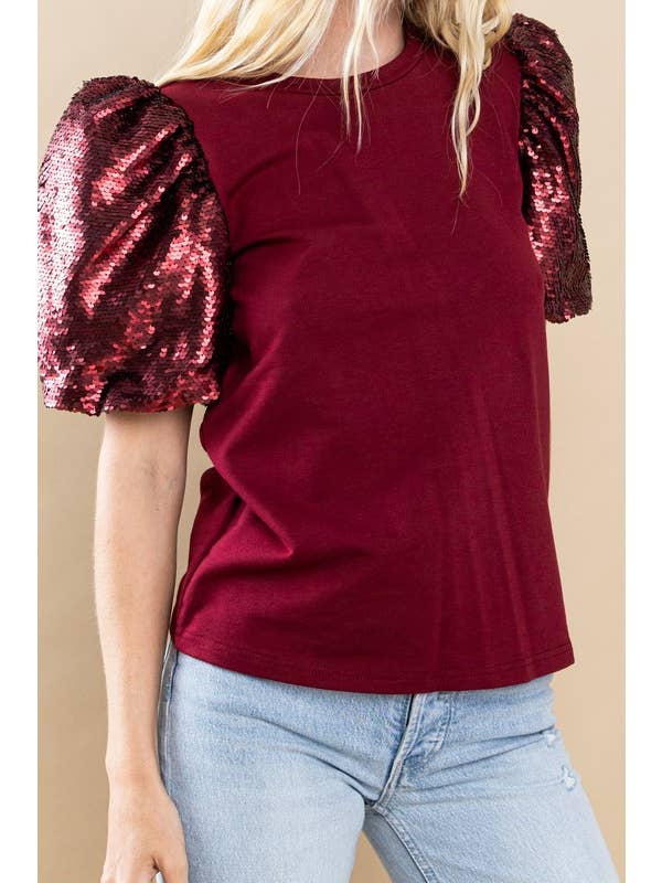 BURGUNDY SEQUIN PUFF SLEEVES TOP - GAMEDAY ALABAMA-Sissy Boutique-Sissy Boutique