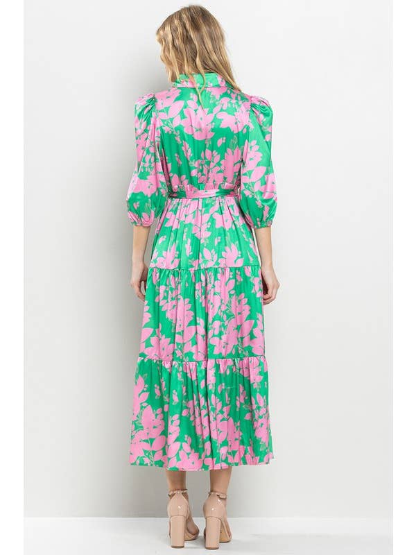 GREEN AND PINK PRINTED MIDI DRESS-TCEC-Sissy Boutique